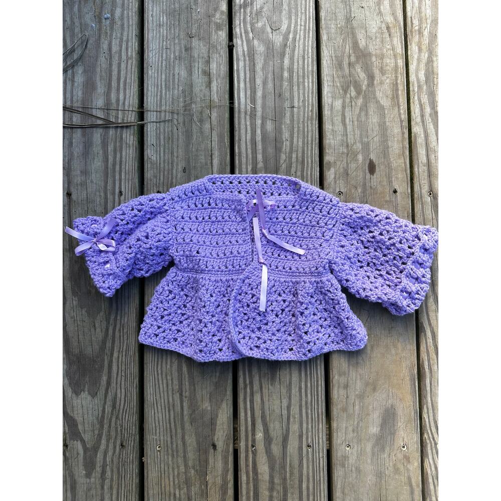 Handmade Crochet Baby Cardigan Sweater Lilac Purple Ribbon Tie Vintage Style